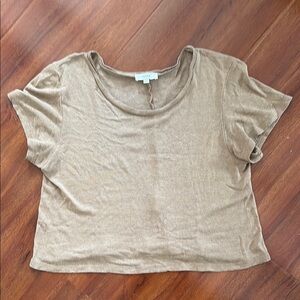 OZMA Tan Tea Brown Silk Crop Short Sleeve Tee Lou (?) Shirt L large Back Seam